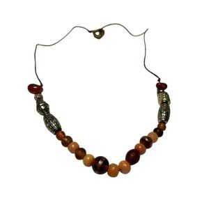 Handmade Brown and Coral Beaded Necklace on Brown Cord.